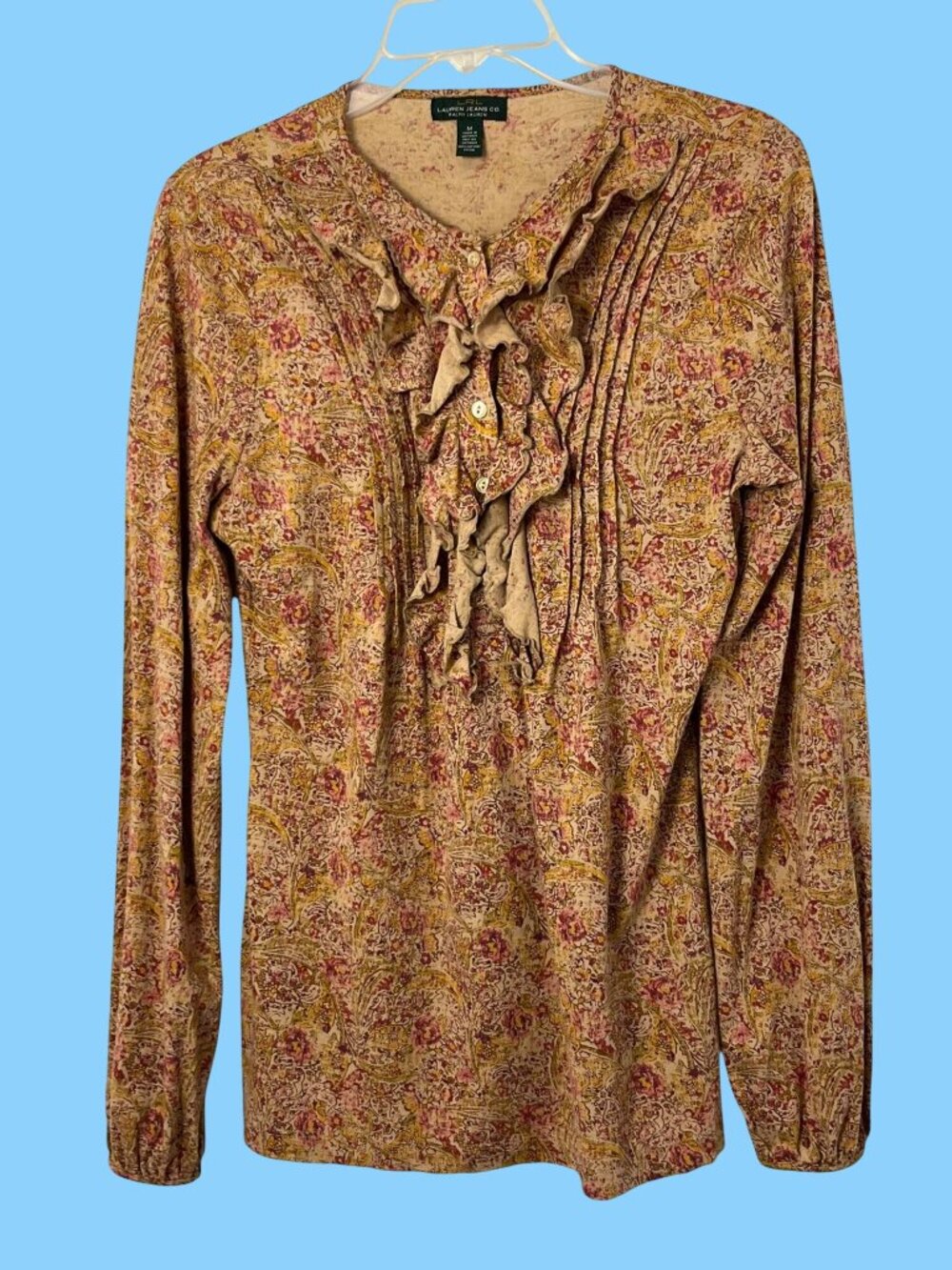 Lauren Ralph Lauren Womens M Paisley Floral Ruffle Blouse 100% Cotton Used